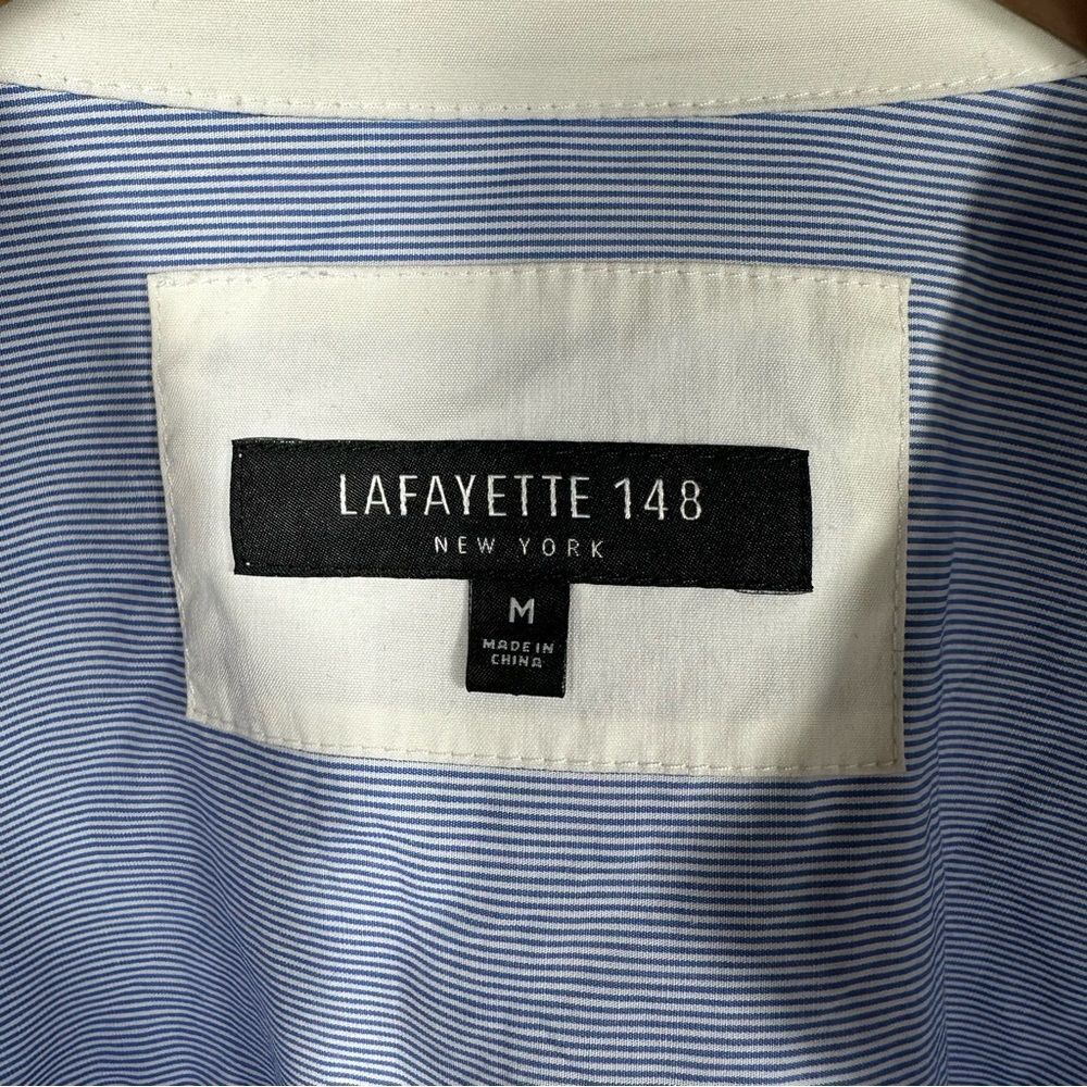 Lafayette 148 Blue White Pinstripe Chambray Colorblock Tunic Blouse Size Medium - Picture 8 of 15